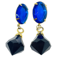 Load image into Gallery viewer, Vintage gold tone sapphire blue black resin pierced dangle earrings
