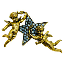 Load image into Gallery viewer, Vintage gold tone sapphire blue rhinestones cherub angels starr designer brooch
