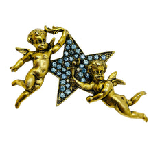 Load image into Gallery viewer, Vintage gold tone sapphire blue rhinestones cherub angels starr designer brooch
