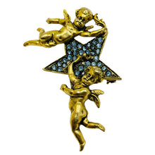 Load image into Gallery viewer, Vintage gold tone sapphire blue rhinestones cherub angels starr designer brooch
