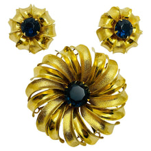 Load image into Gallery viewer, Vintage gold tone sapphire glass flower designer earrings brooch set
