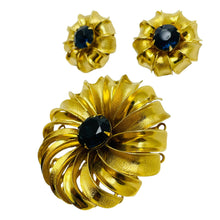 Load image into Gallery viewer, Vintage gold tone sapphire glass flower designer earrings brooch set
