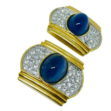 Load image into Gallery viewer, Vintage gold tone sapphire glass jewel mogul designer clip on earrings
