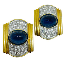 Load image into Gallery viewer, Vintage gold tone sapphire glass jewel mogul designer clip on earrings
