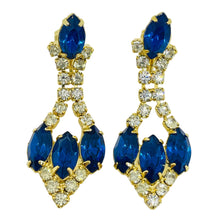 Load image into Gallery viewer, Vintage gold tone sapphire rhinestones dangle designer clip on earrings
