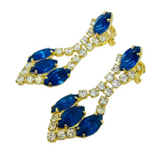 Load image into Gallery viewer, Vintage gold tone sapphire rhinestones dangle designer clip on earrings
