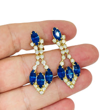 Load image into Gallery viewer, Vintage gold tone sapphire rhinestones dangle designer clip on earrings
