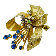 Load image into Gallery viewer, Vintage gold tone sapphire rhinestones enameled star designer brooch
