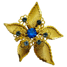 Load image into Gallery viewer, Vintage gold tone sapphire rhinestones flower designer brooch
