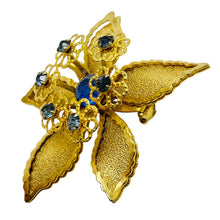 Load image into Gallery viewer, Vintage gold tone sapphire rhinestones flower designer brooch
