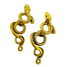 Load image into Gallery viewer, Vintage gold tone signed V pink snake emerald crystal eyes designer earrings
