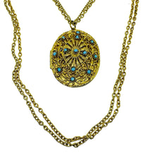 Load image into Gallery viewer, Vintage gold tone turquoise rhinestones locket pendant chain designer necklace
