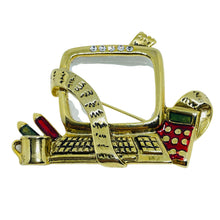 Load image into Gallery viewer, Vintage gold tone work desk computer enamel glass designer brooch
