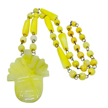 Load image into Gallery viewer, Vintage gold tone yellow glass aztec pendant beaded designer necklace
