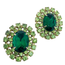Load image into Gallery viewer, Vintage golden tone emerald green rhinestone designer clip on earrings
