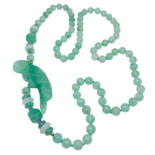 Load image into Gallery viewer, Vintage green jade pink quartz amethyst carved parrot bird beaded long necklace
