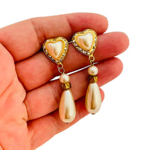 Load image into Gallery viewer, Vintage heart gold rhinestones dangle pearl designer runway pierced earrings
