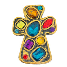 Load image into Gallery viewer, Vintage huge cross gold tone jewel resin stones designer brooch
