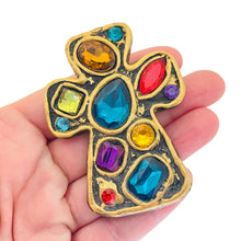 Load image into Gallery viewer, Vintage huge cross gold tone jewel resin stones designer brooch
