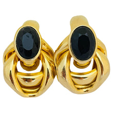 Load image into Gallery viewer, Vintage huge gold knot black glass designer runway pierced earrings
