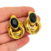 Load image into Gallery viewer, Vintage huge gold knot black glass designer runway pierced earrings
