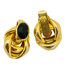 Load image into Gallery viewer, Vintage huge gold knot black glass designer runway pierced earrings
