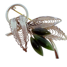 Load image into Gallery viewer, Vintage light gold tone green jade natural stone brooch
