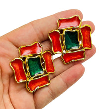 Load image into Gallery viewer, Vintage massive cross gold enamel designer runway clip on earrings
