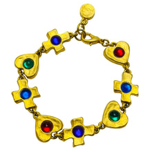 Load image into Gallery viewer, Vintage matte gold cross heart jewel red blue green bracelet

