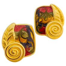Load image into Gallery viewer, Vintage matte gold enamel leaf designer runway pierced earrings
