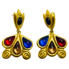 Load image into Gallery viewer, Vintage matte gold jewel tone glass designer dangle earrings
