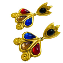 Load image into Gallery viewer, Vintage matte gold jewel tone glass designer dangle earrings

