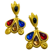 Load image into Gallery viewer, Vintage matte gold jewel tone glass designer dangle earrings
