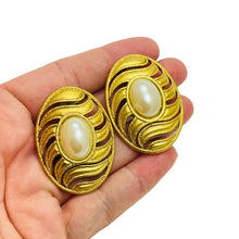 Load image into Gallery viewer, Vintage matte gold pearl huge designer runway clip on earrings
