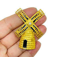 Load image into Gallery viewer, Vintage matte gold tone enamel rhinestone windmill designer brooch
