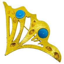 Load image into Gallery viewer, Vintage matte gold tone faux turquoise massive designer brooch

