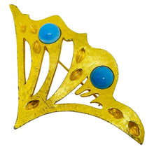 Load image into Gallery viewer, Vintage matte gold tone faux turquoise massive designer brooch
