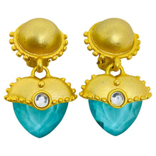 Load image into Gallery viewer, Vintage matte gold tone glass designer Etruscan dangle clip on earrings
