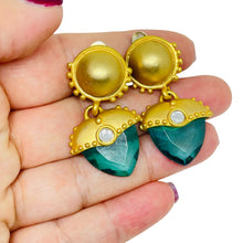Load image into Gallery viewer, Vintage matte gold tone glass designer Etruscan dangle clip on earrings
