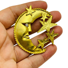 Load image into Gallery viewer, Vintage matte gold tone rhinestone massive moon stars designer brooch
