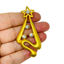 Load image into Gallery viewer, Vintage matte gold tone rhinestones Christmas tree designer brooch
