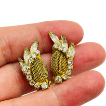 Load image into Gallery viewer, Vintage mesh navette gold rhinestones designer clip on earrings
