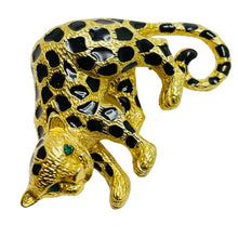 Load image into Gallery viewer, Vintage panther gold enamel rhinestone designer pendant brooch
