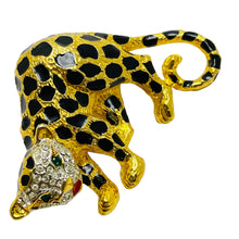 Load image into Gallery viewer, Vintage panther gold enamel rhinestone designer runway brooch
