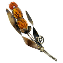 Load image into Gallery viewer, Vintage signed STERLING silver golden patina amber glass large flower brooch

