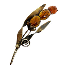Load image into Gallery viewer, Vintage signed STERLING silver golden patina amber glass large flower brooch
