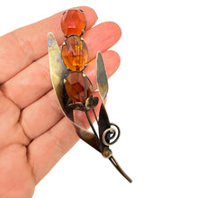 Load image into Gallery viewer, Vintage signed STERLING silver golden patina amber glass large flower brooch
