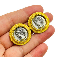 Load image into Gallery viewer, Vintage silver ancient coin gold etruscan designer clip on earrings
