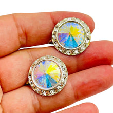 Load image into Gallery viewer, Vintage silver aurora borealis glass rivioli designer earrings
