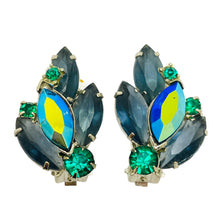 Load image into Gallery viewer, Vintage silver blue green rhinestine designer runway earrings brooch set
